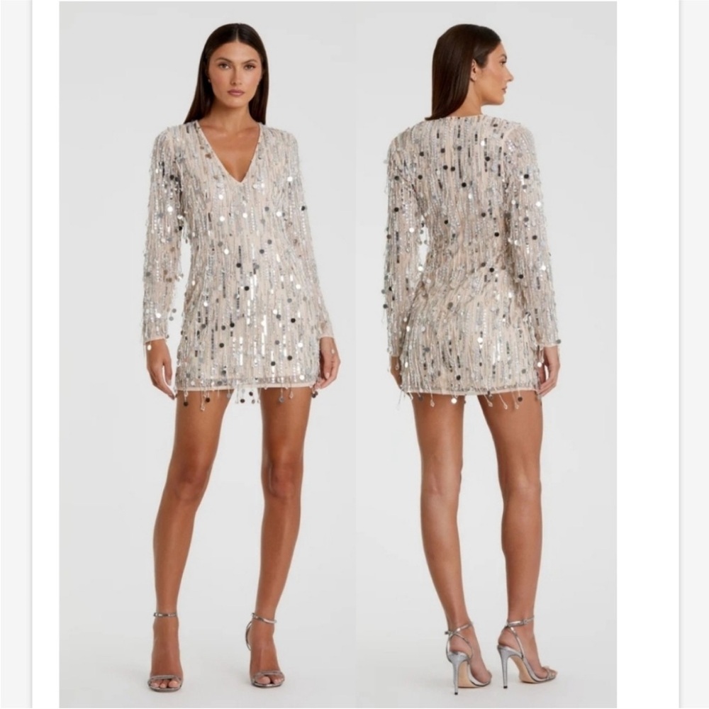 Mac Duggal Silver Sequin Long Sleeve Dress